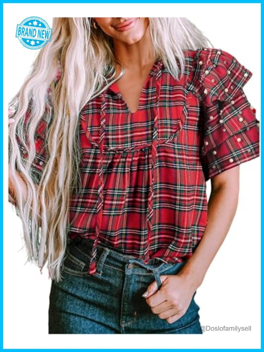 SELINK Womens Ruffle Short Sleeve Plaid Pearl Crewneck T Shirt Casual Blouse